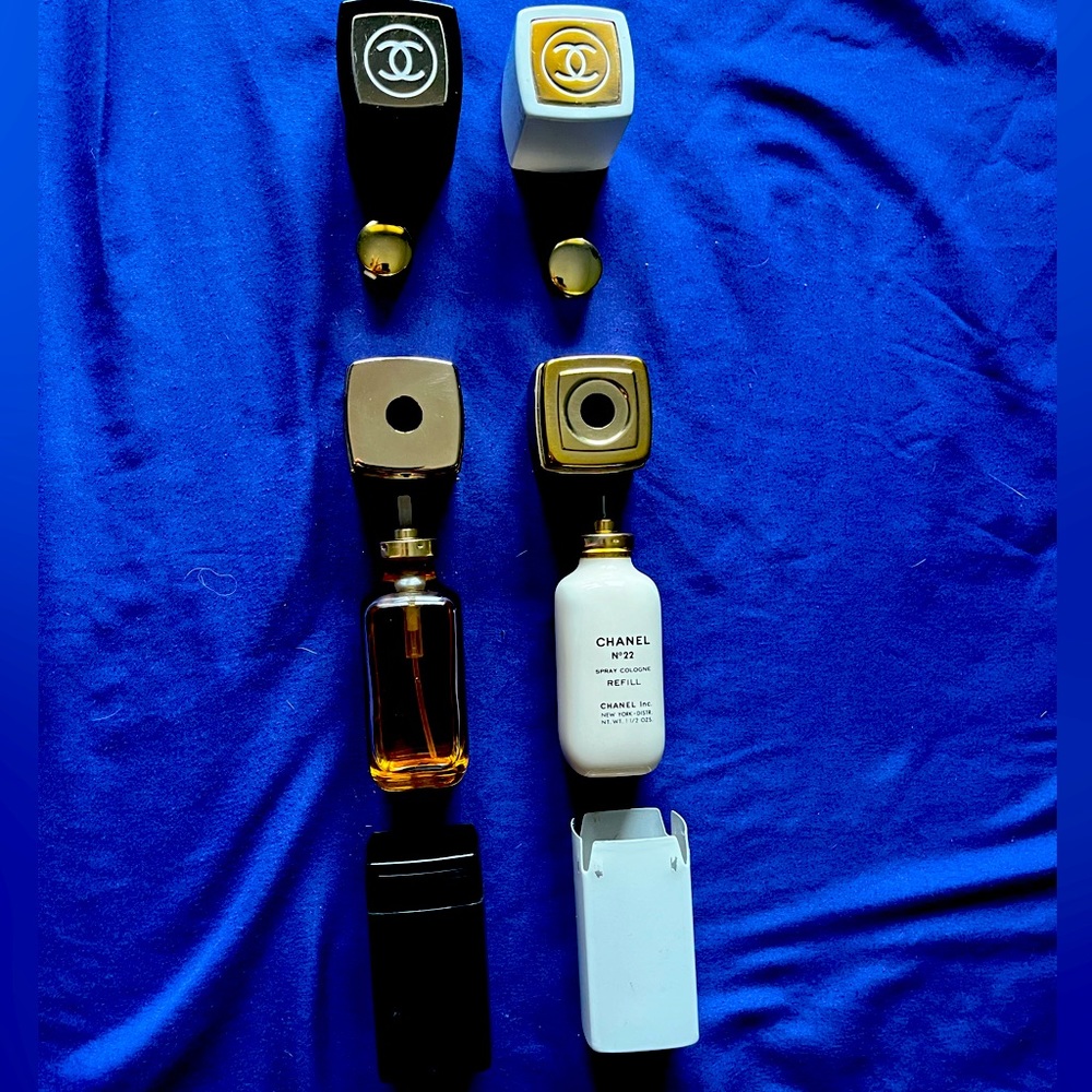 2 Vintage Chanel Perfume Refillable Bottles.  No.5 (black) + No.22 (white)